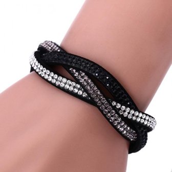 Gevlochten armband strass - zwart/grijs